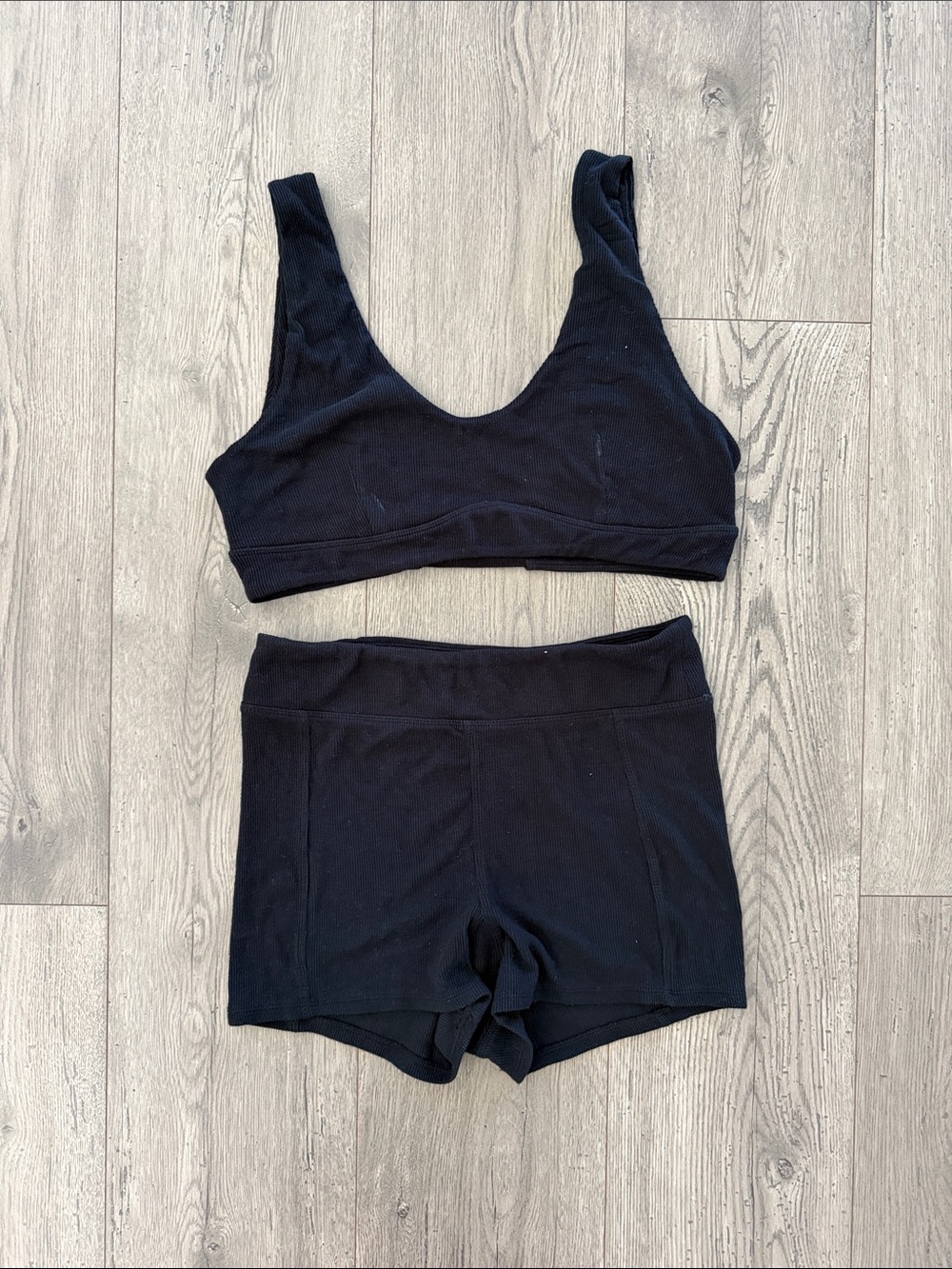 Free People Issa Lifestyle Black Ribbed Lounge Bralette & Boy Short Set